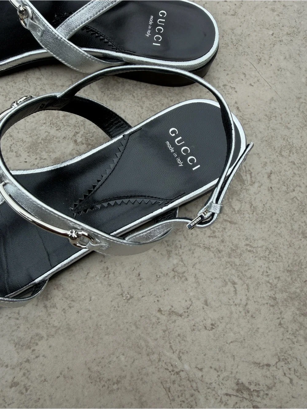 Gucci women’s Metallic Silver Multi-Strap Slingback Sandals